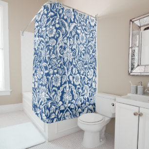 Antique Ornamental Floral white on blue  Shower Curtain