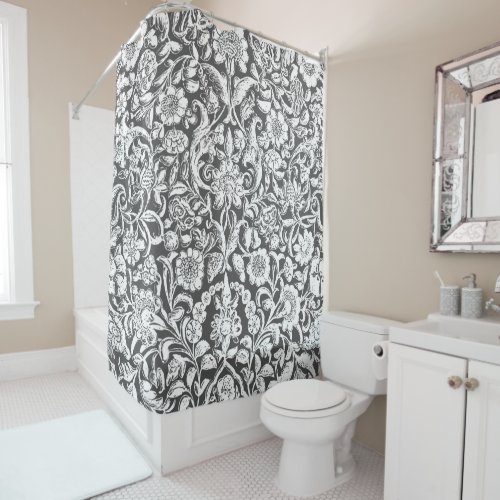 Antique Ornamental Floral white on gray Shower Curtain