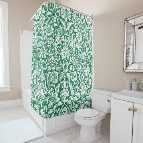 Antique Ornamental Floral white on jewel green Shower Curtain