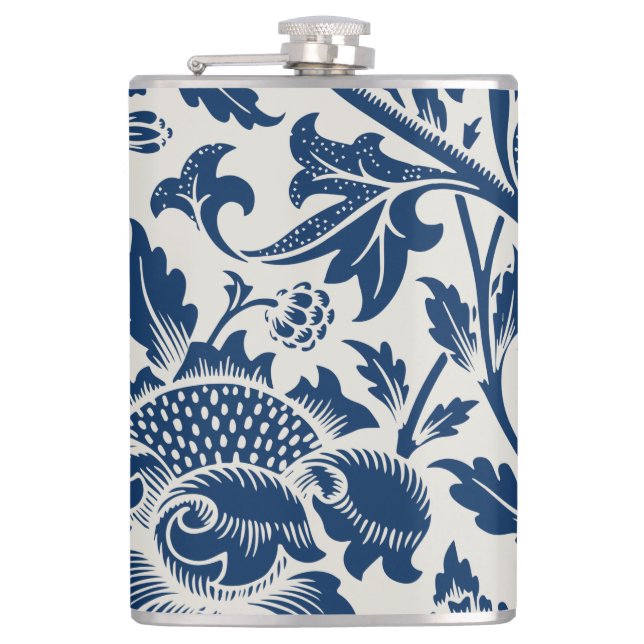 Antique Ornamental Floral white on navy Flask (Front)