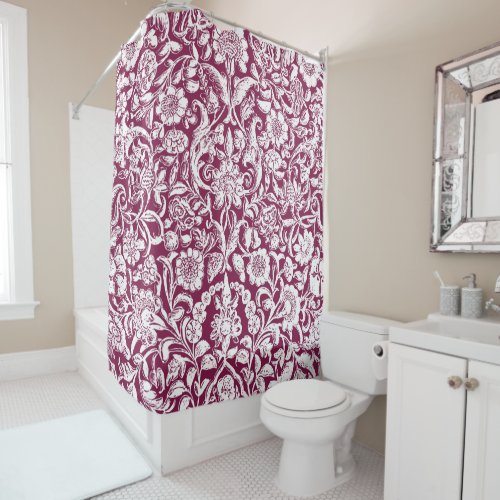 Antique Ornamental Floral white on red Shower Curtain