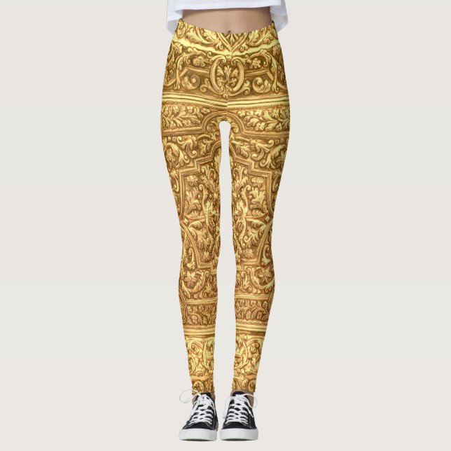 Antique Ornamental Golden Floral Pattern Leggings (Front)