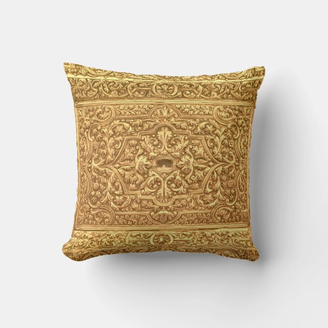 Antique Ornamental Golden Floral Pattern Throw Pillow (Front)