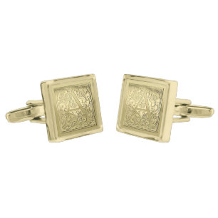 Antique Ornate Engraved Initial A Monogram Gold Cufflinks