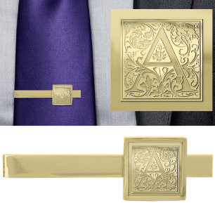 Antique Ornate Engraved Initial A Monogram Gold Finish Tie Bar
