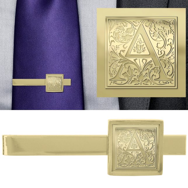 Antique Ornate Engraved Initial A Monogram Gold Finish Tie Bar (Creator Uploaded)