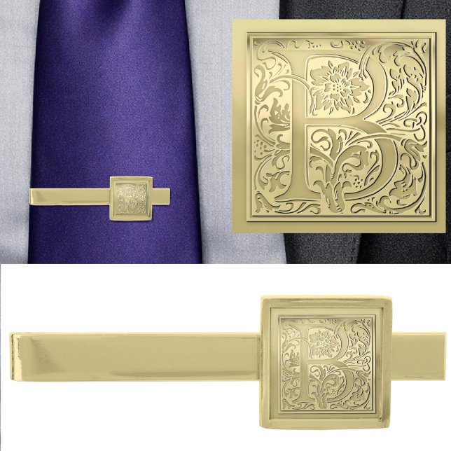 Antique Ornate Engraved Initial B Monogram Gold Finish Tie Bar (Creator Uploaded)