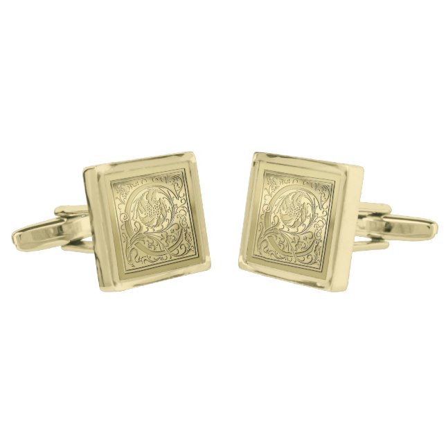 Antique Ornate Engraved Initial C Monogram Gold Cufflinks (Angled)