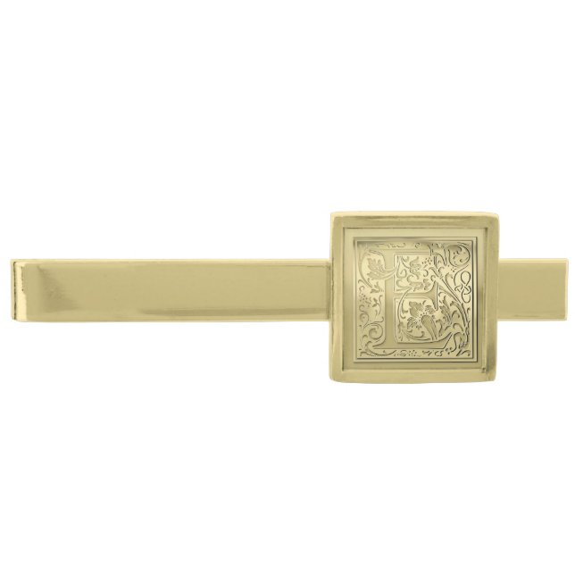 Antique Ornate Engraved Initial E Monogram Gold Finish Tie Bar (Front)