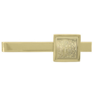 Antique Ornate Engraved Initial F Monogram Gold Finish Tie Bar