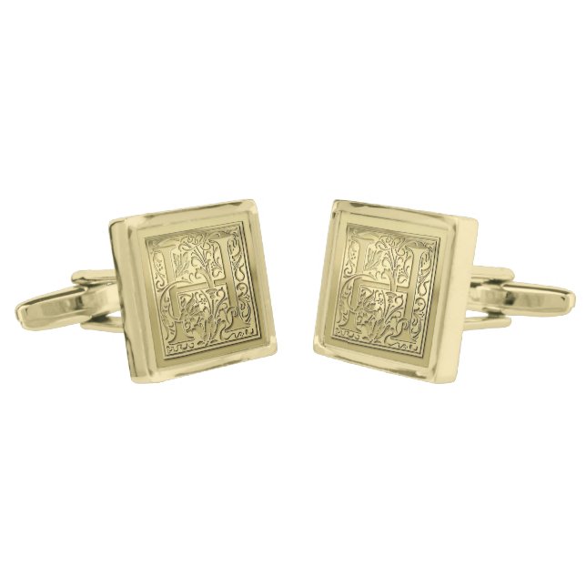 Antique Ornate Engraved Initial H Monogram Gold Cufflinks (Angled)