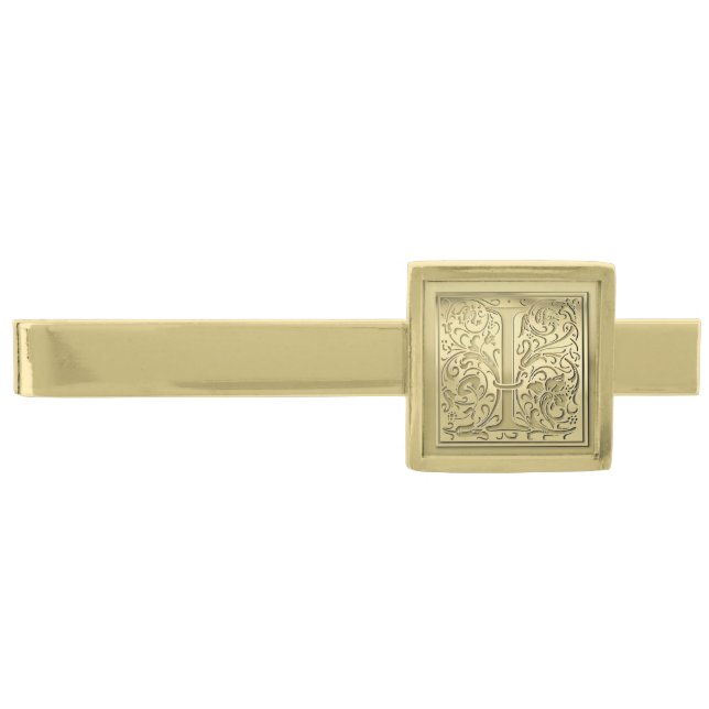 Antique Ornate Engraved Initial I Monogram Gold Finish Tie Bar (Front)