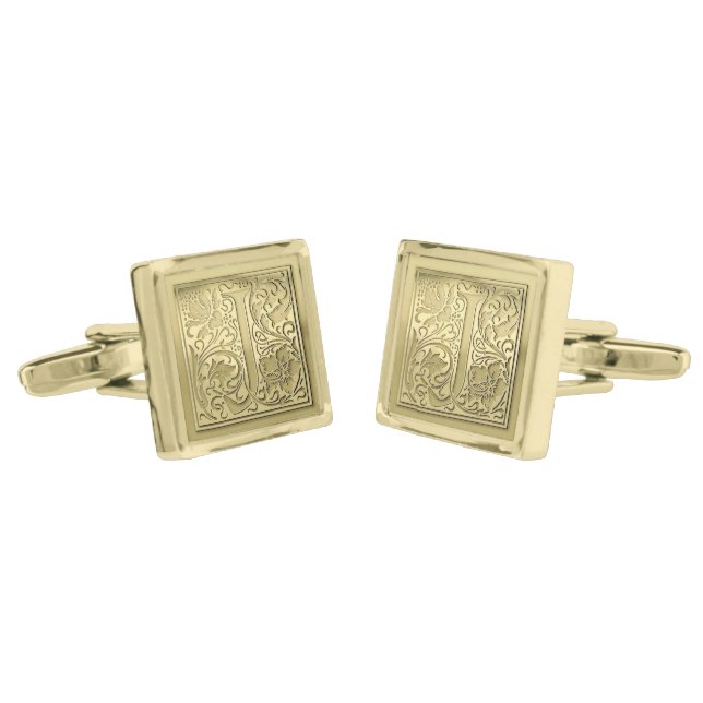 Antique Ornate Engraved Initial J Monogram Gold Cufflinks (Angled)