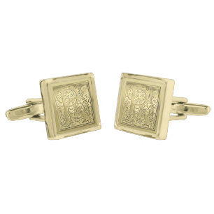 Antique Ornate Engraved Initial R Monogram Gold Cufflinks