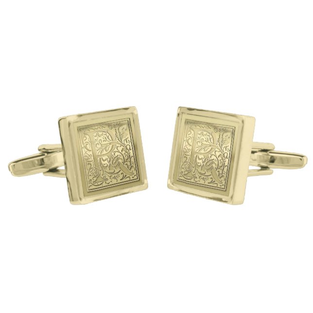 Antique Ornate Engraved Initial R Monogram Gold Cufflinks (Angled)
