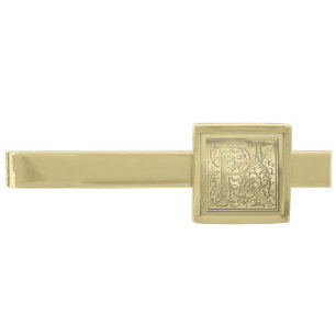 Antique Ornate Engraved Initial R Monogram Gold Finish Tie Bar