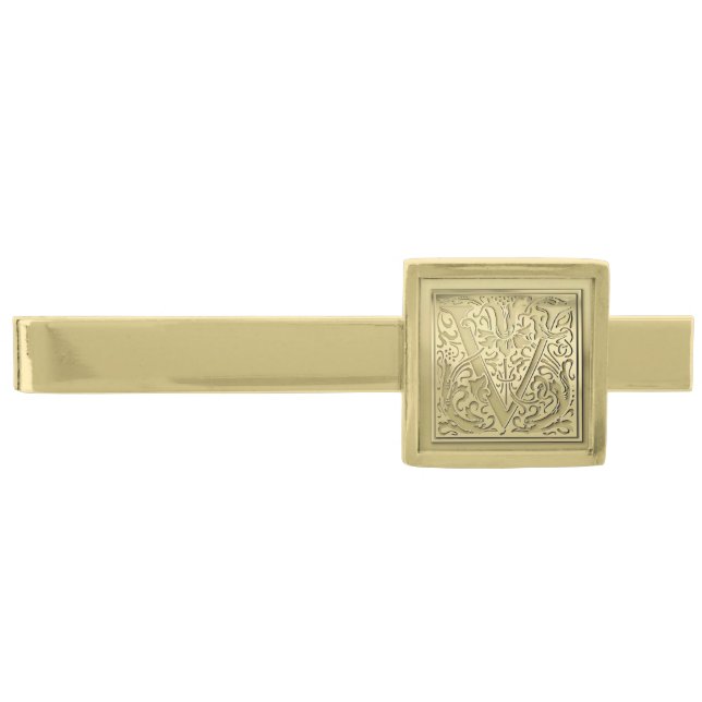 Antique Ornate Engraved Initial V Monogram Gold  Finish Tie Bar (Front)