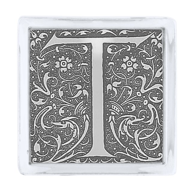 Antique Ornate Monogram  – Letter T Silver Finish Lapel Pin (Front)