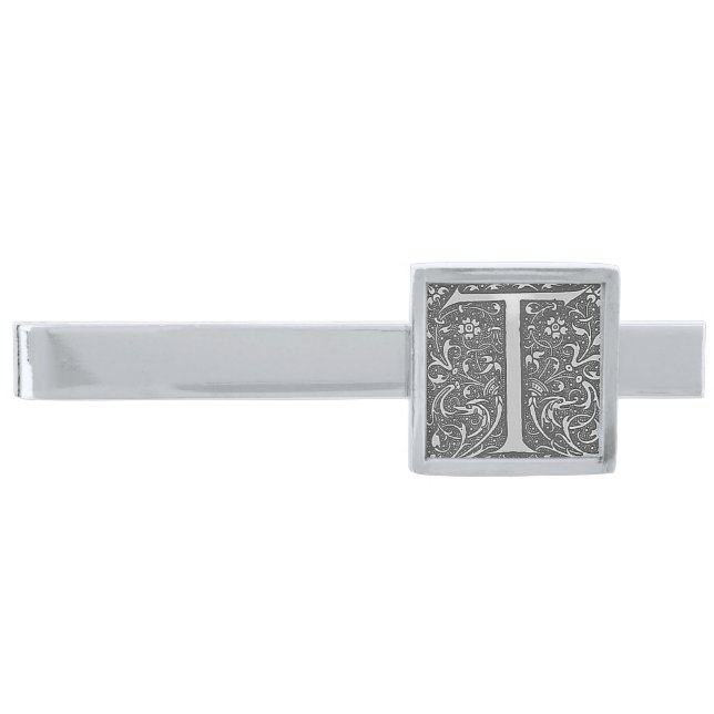 Antique Ornate Monogram  – Letter T Silver Finish Tie Bar (Front)