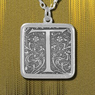 antique ornate monogram - letter T Silver Plated Necklace