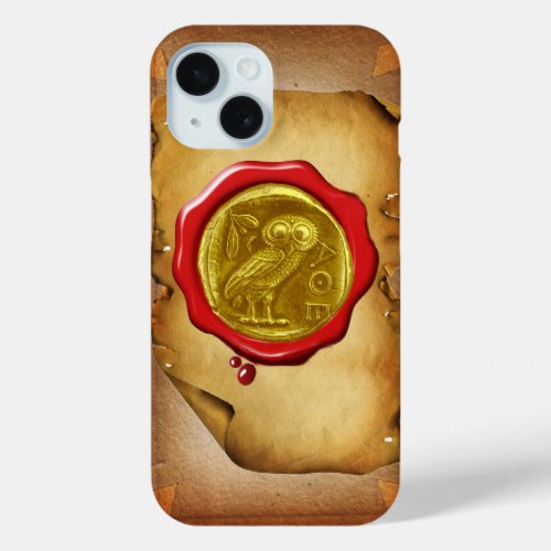 ANTIQUE OWL GOLD YELLOW RED WAX SEAL parchment iPhone 15 Case
