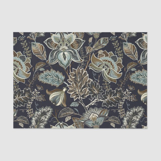 Antique Paisley flowers black background pattern Tissue Paper (Front)