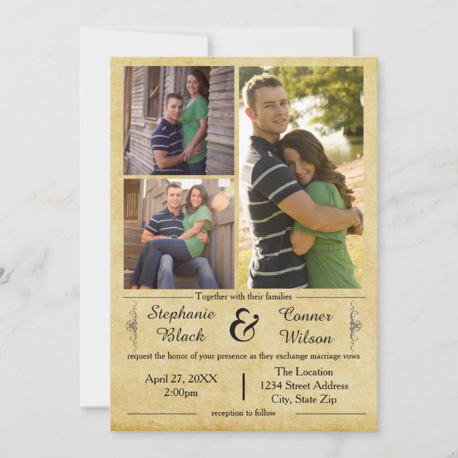 Antique Paper 3 Photos - Wedding Invitation (Front)