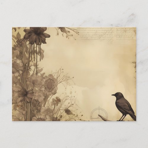 Antique Paper  Black Bird and Flowers Halloween Holiday Postcard