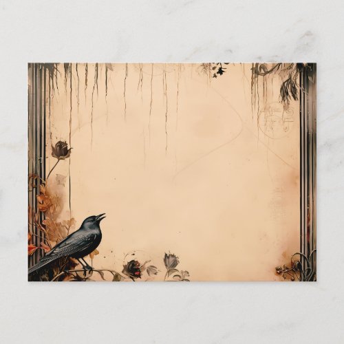 Antique Paper  Black Bird and Flowers Halloween Holiday Postcard