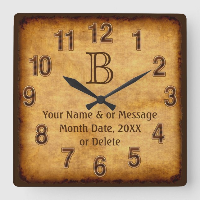 Antique Paper Monogram, Personalized Wall Clock (Front)