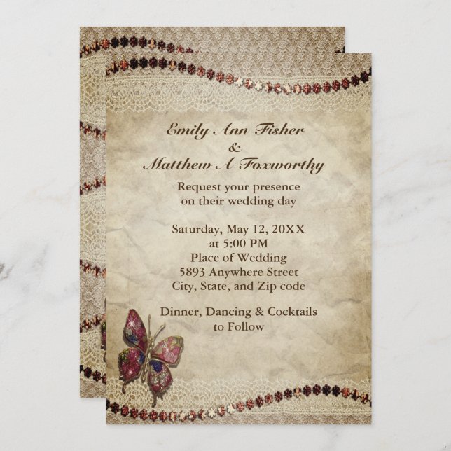 Antique Parchment, Lace, Beads & Butterfly Wedding Invitation (Front/Back)