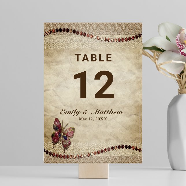 Antique Parchment, Lace, Beads, Butterfly Wedding Table Number (Antique Parchment, Lace, Beads, Butterfly Wedding Table Number)