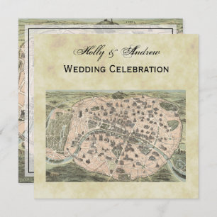Antique Paris Map, Distressed BG #3 SQ Wedding Invitation