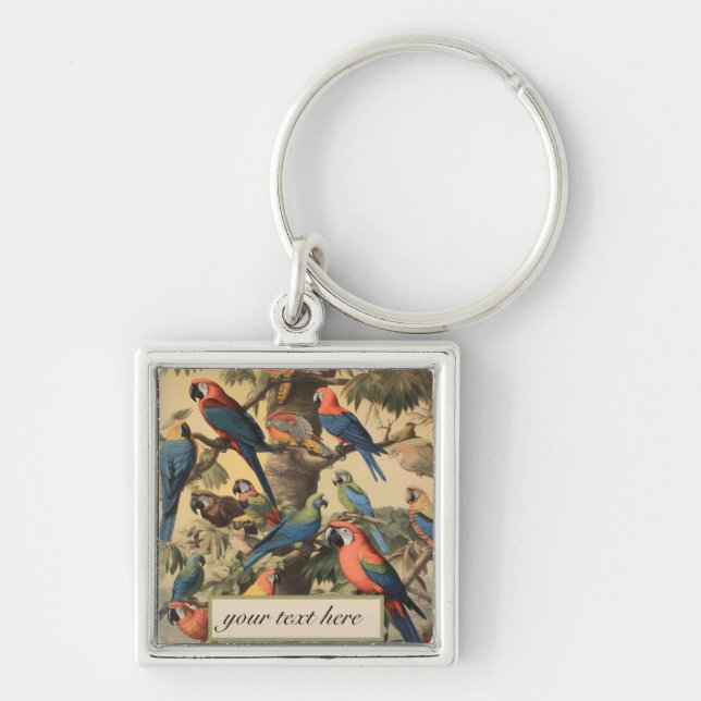Antique Parrot Jungle Botanical Personalised Gift Keychain (Front)