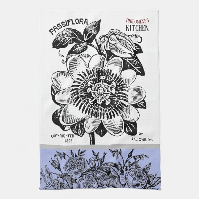 Antique Passion Flower - Choice of Text Periwinkle Kitchen Towel (Vertical)