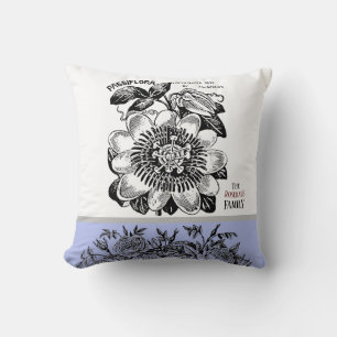 Antique Passion Flower - Choice of Text Periwinkle Throw Pillow