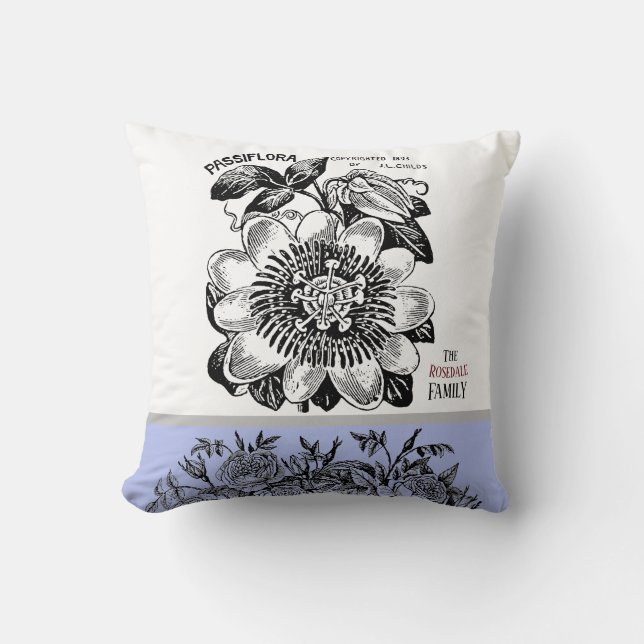 Antique Passion Flower - Choice of Text Periwinkle Throw Pillow (Front)