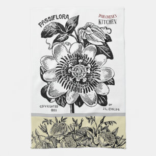 Antique Passion Flower - Your Choice of Text Kitchen Towel