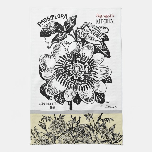 Antique Passion Flower - Your Choice of Text Kitchen Towel (Vertical)