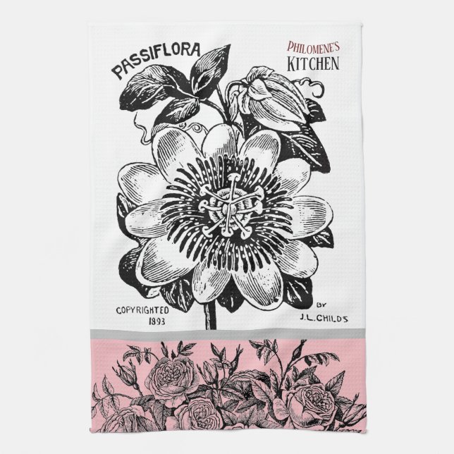 Antique Passion Flower - Your Choice of Text Pink Kitchen Towel (Vertical)