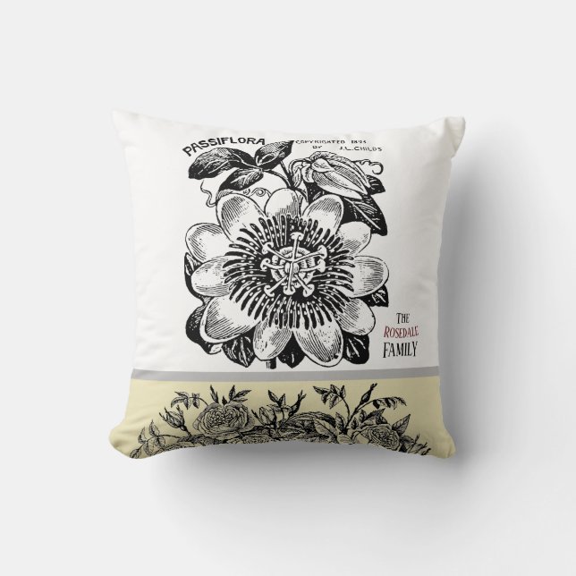 Antique Passion Flower - Your Choice of Text Throw Pillow (Front)