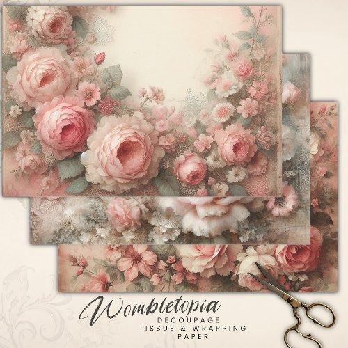  Antique Pastel Pink Rose Bouquets  Decoupage Wrapping Paper Sheets