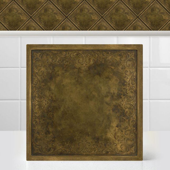 Antique Patinated Brass Engraved Damask Pattern Ceramic Tile (Antique Patinated Brass Engraved Damask Pattern Ceramic Tile)