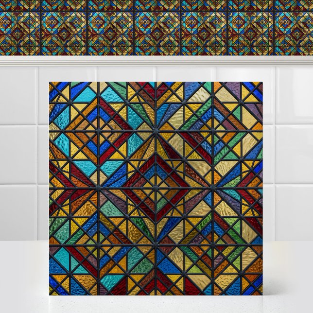 Antique Pattern Cathedral Diamond Stained Glass Ceramic Tile (Antique Pattern Colorful Cathedral Diamond Stained Glass Ceramic Tile)