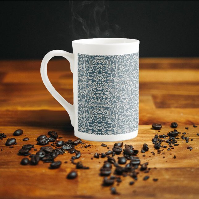Antique Pattern of Worn out Leaves Blue Background Bone China Mug (Creator Uploaded)