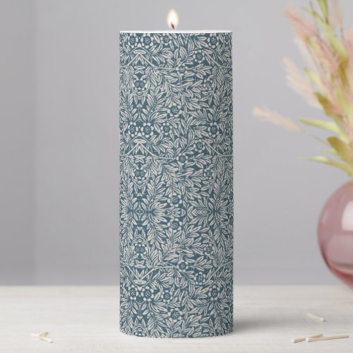 Antique Pattern of Worn out Leaves Blue Background Pillar Candle
