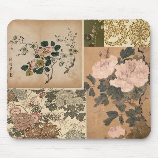 Antique Peach Pink Peonies Textiles and Art Mouse Pad (Front)