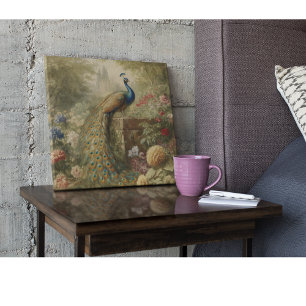 Antique Peacock and Estate Castle English Garden  Wood Wall Art