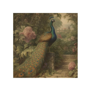 Antique Peacock and Wildflower Botanical Study Wood Wall Art