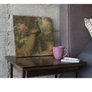 Antique Peacock and Wildflower Botanical Study  Wood Wall Art